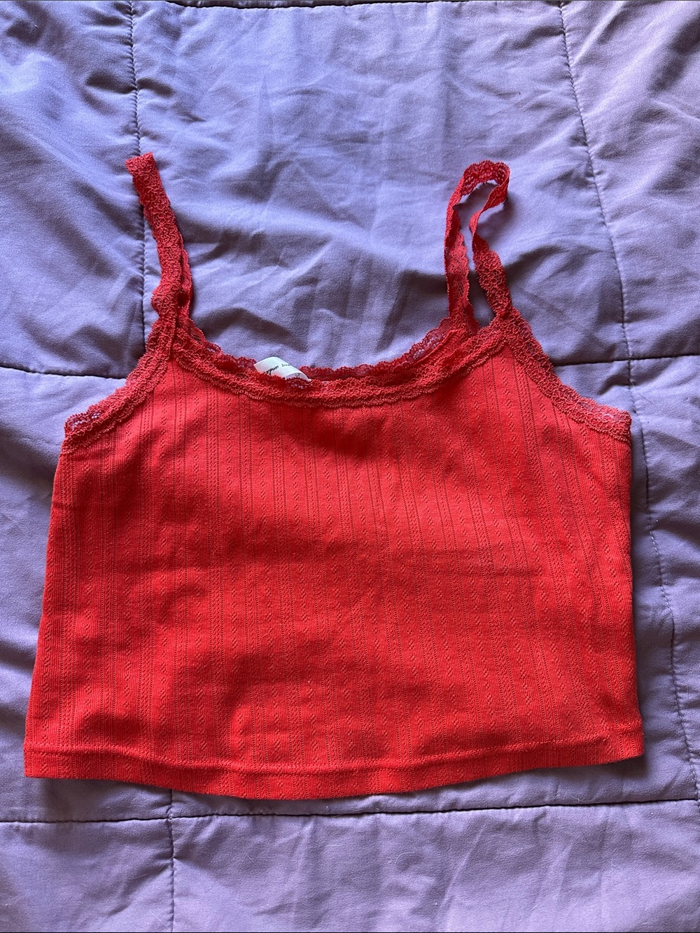 UO Red Ribbed Crop Tank with Lace Trim